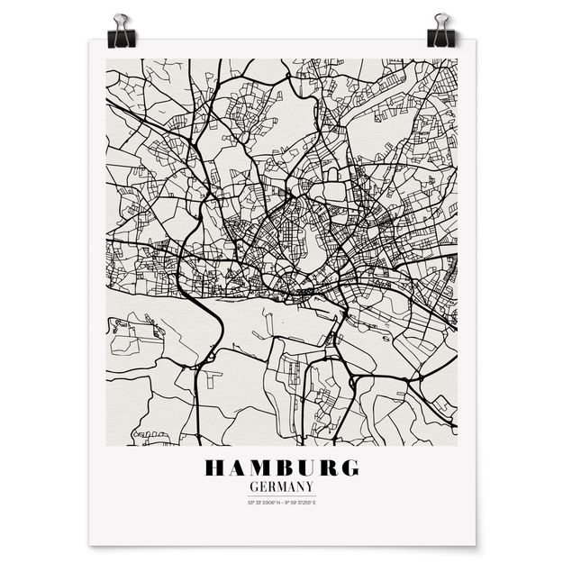 Poster bianco e nero Mappa di Amburgo - Classica