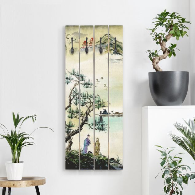 Appendiabiti pannello con paesaggio Disegno acquerello giapponese pino e villaggio di montagna