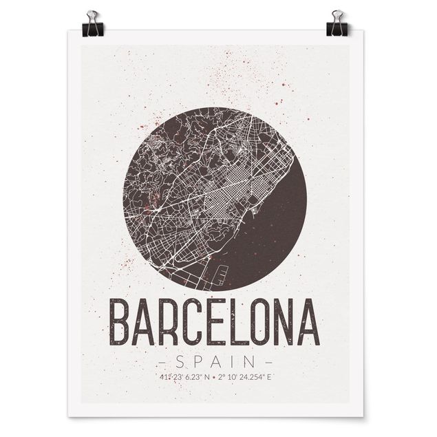 Poster in bianco e nero Mappa della città di Barcellona - Retrò