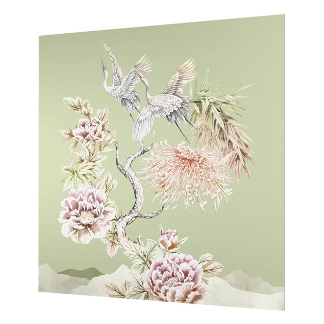 Paraschizzi in vetro - Acquerello di cicogne in volo con fiori su verde - Quadrato 1:1