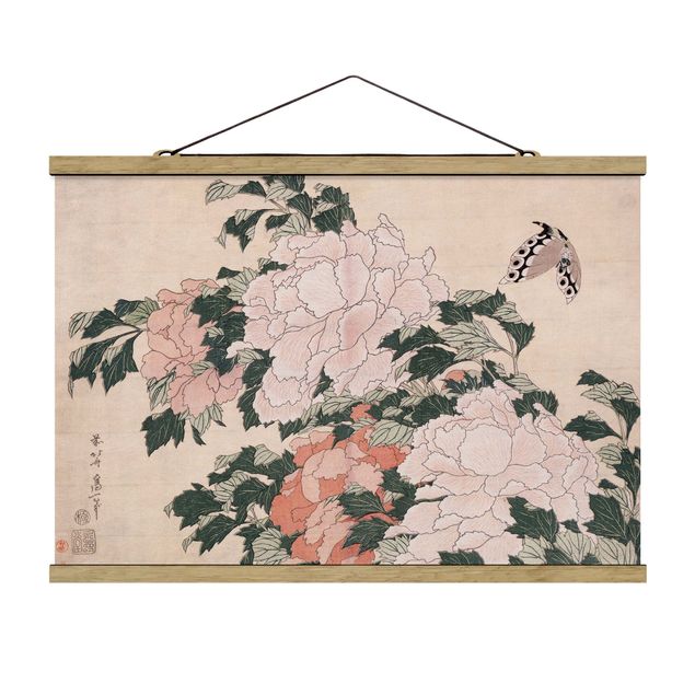 Quadri moderni per arredamento Katsushika Hokusai - Peonie rosa con farfalla