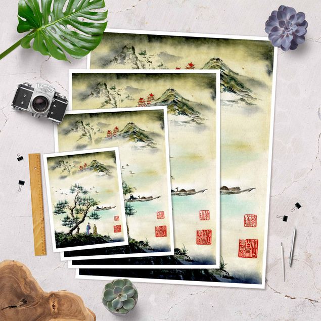 Stampe Disegno acquerello giapponese pino e villaggio di montagna