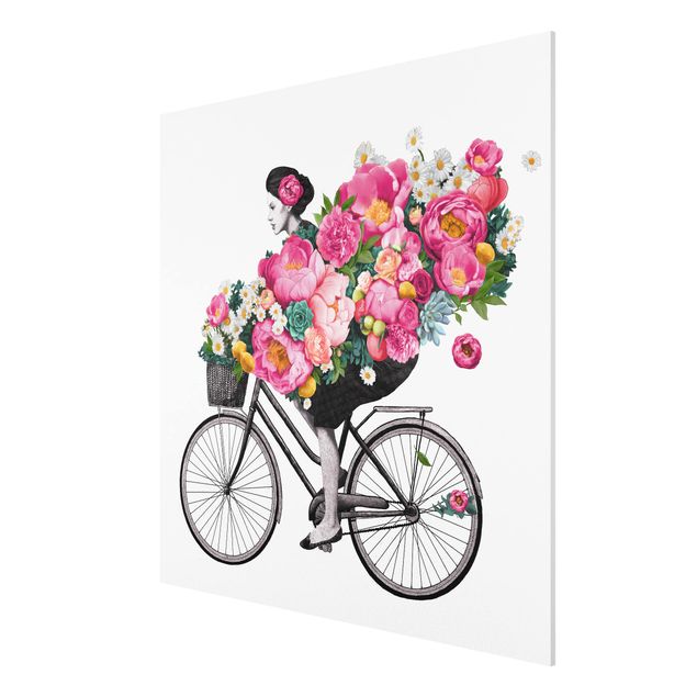 Riproduzione quadri famosi Illustrazione - Donna in bicicletta - Collage di fiori colorati