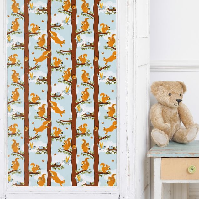 Pellicole adesive per davanzale della finestra Motivo per bambini con scoiattoli e uccellini