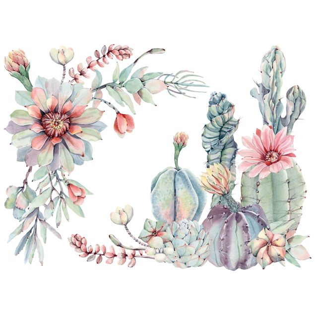 Stickers murali Ornamento di fiori di cactus in acquerello XXL