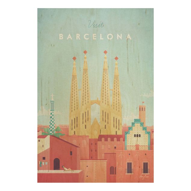 Quadri legno vintage Poster di viaggio - Barcellona