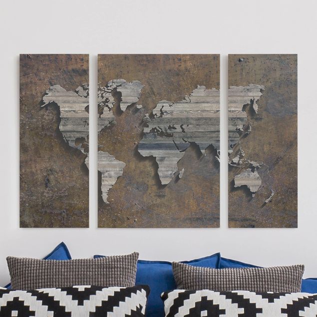 Tele componibili Mappa del mondo con griglia di legno