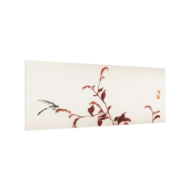 Decorazione cucina Disegno vintage asiatico ramo rosso con libellula