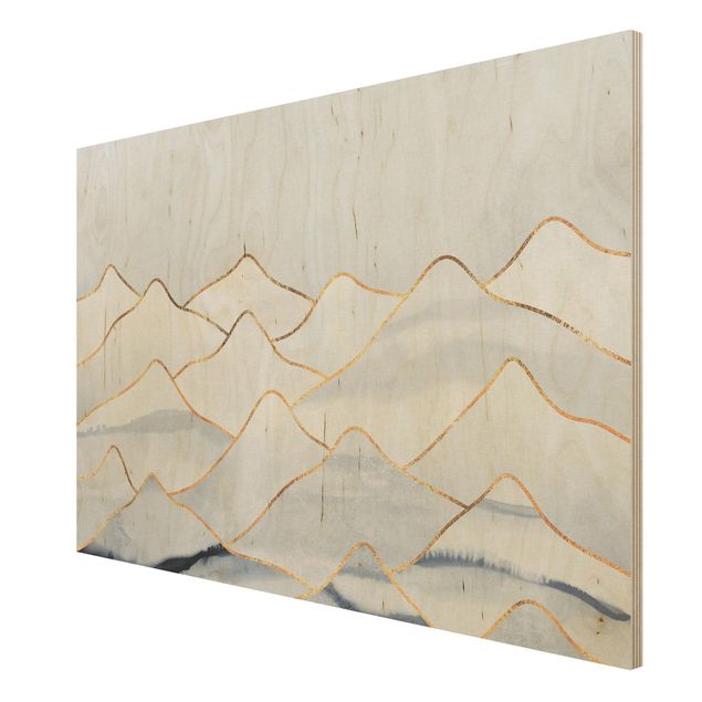 Quadri in legno con paesaggio Acquerello Montagne Bianco Oro