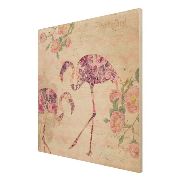 Quadri Andrea Haase Collage vintage - Fenicotteri con fiori rosa