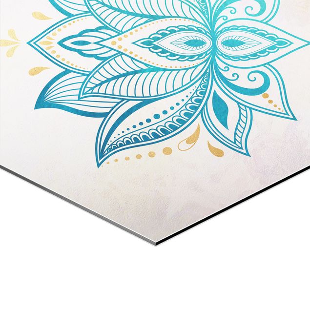 Esagono in Alluminio Dibond - Mandala Hamsa mano Lotus Set oro blu