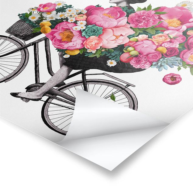 Stampe poster Illustrazione - Donna in bicicletta - Collage di fiori colorati