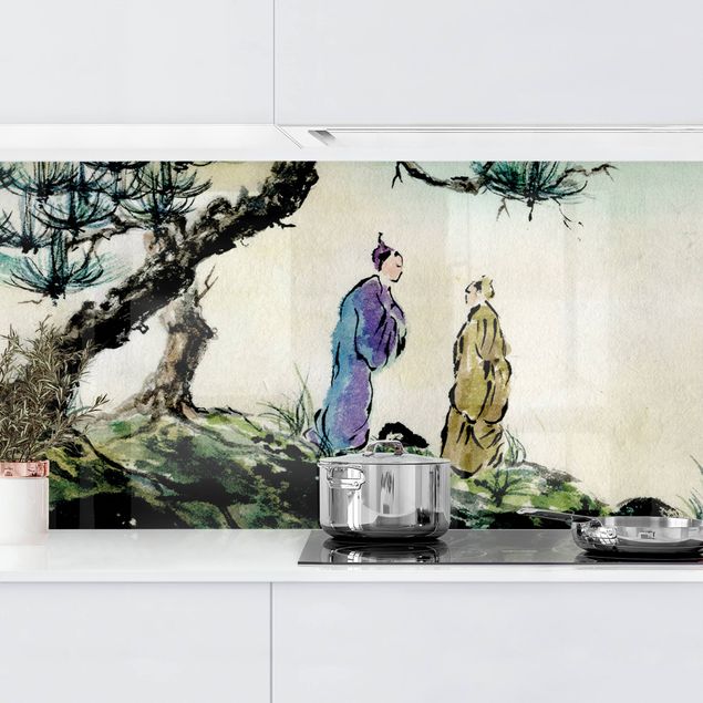 Rivestimenti per cucina con paesaggio Disegno acquerello giapponese pino e villaggio di montagna