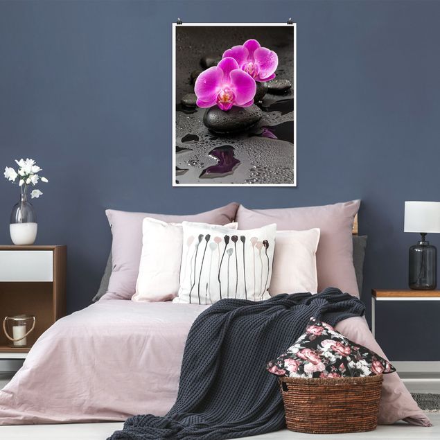 Quadri moderni per arredamento Fiore di orchidea rosa su pietra con gocce