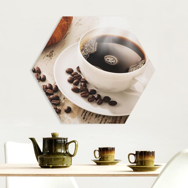 Quadri moderni per arredamento Tazza di caffè a vapore con chicchi di caffè