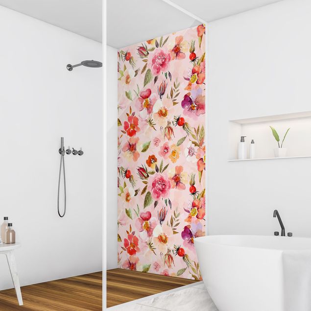 Rivestimento per doccia - Fiori in acquerello su rosa