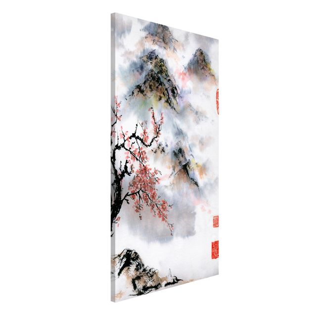Quadri paesaggistici Disegno acquerello giapponese Ciliegio e montagne