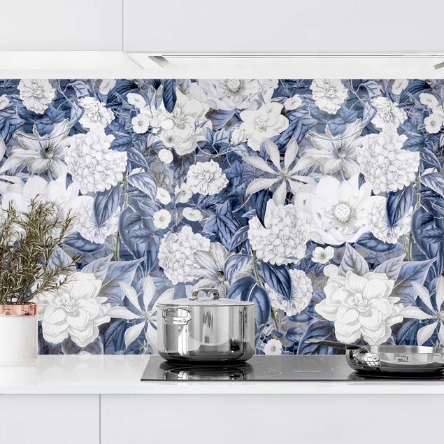 Rivestimenti per cucina con fiori Fiori bianchi davanti al blu II
