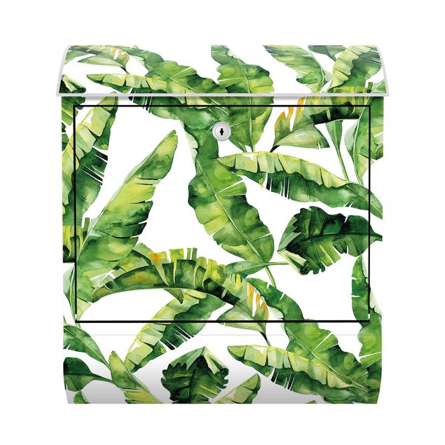 Cassetta della posta verde Schema ad acquerello con foglie di banana
