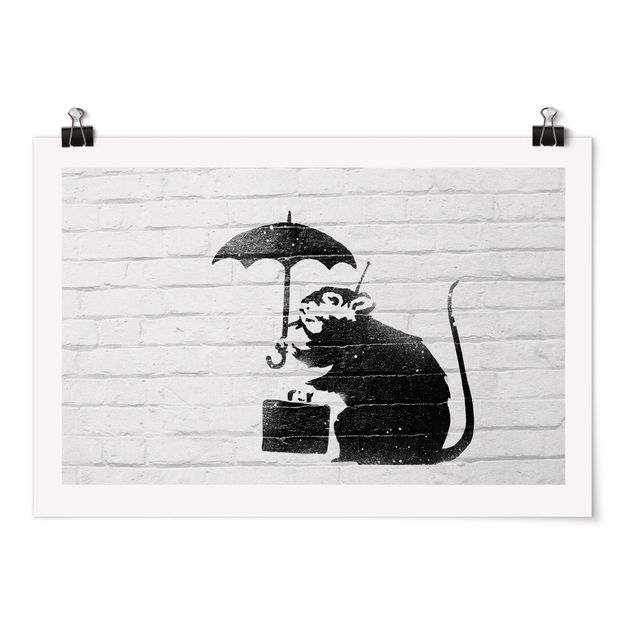Poster in bianco e nero Ratte mit Regenschirm - Brandalised ft. Graffiti by Banksy