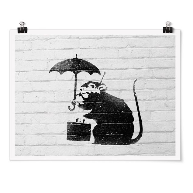 Poster bianco e nero Ratte mit Regenschirm - Brandalised ft. Graffiti by Banksy