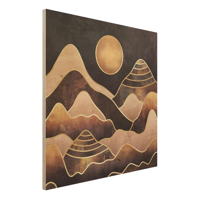 Quadri in legno con disegni Sole d'oro Montagne astratte