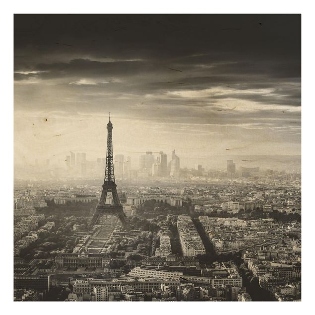 Quadri in legno con architettura e skylines La Torre Eiffel dall'alto in bianco e nero