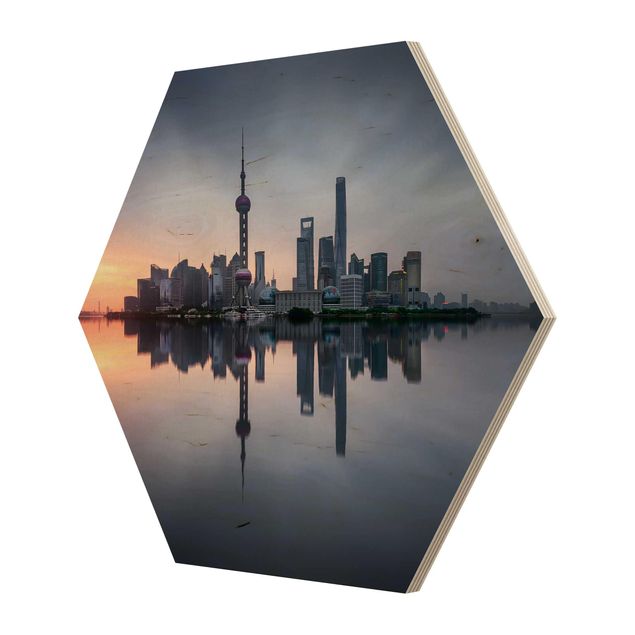 Esagono in legno - Skyline di Shanghai Mattina Mood