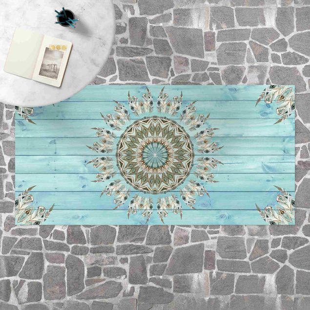 tappeto passatoia Mandala acquerello piume blu verde tavole di legno