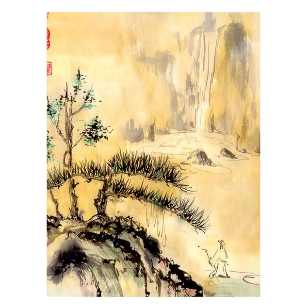 Quadri alberi Disegno acquerello giapponese Cedri e montagne