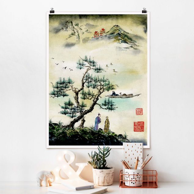 Quadro paesaggio Disegno acquerello giapponese pino e villaggio di montagna