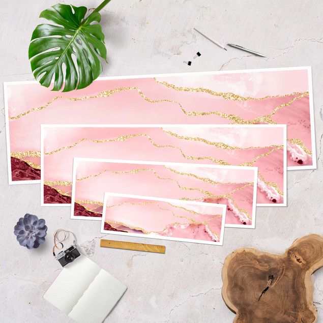 Stampe poster Montagne astratte rosa con linee dorate
