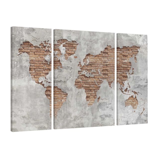 Quadri in 3d Mappa del mondo in mattoni e cemento shabby