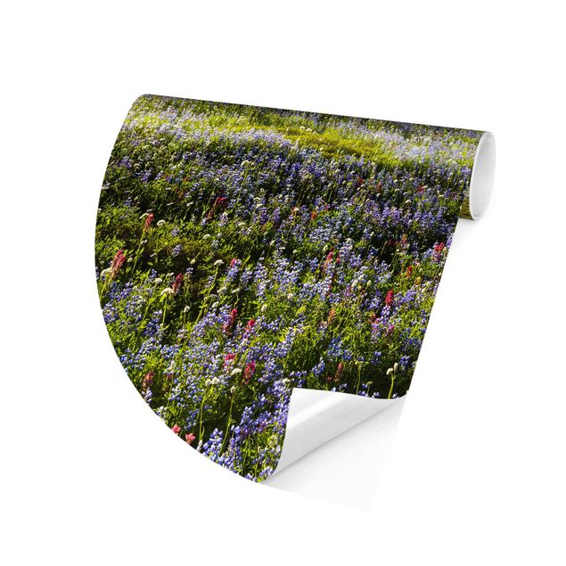 Carta da parati tessuto non tessuto Prato di montagna con fiori rossi davanti al Monte Rainier
