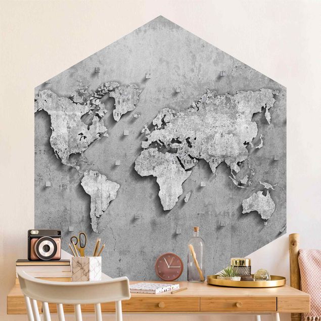 Carta da parati effetto pietra Mappa del mondo in cemento