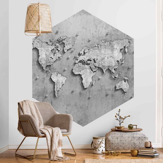 Carta da parati effetto cemento Mappa del mondo in cemento