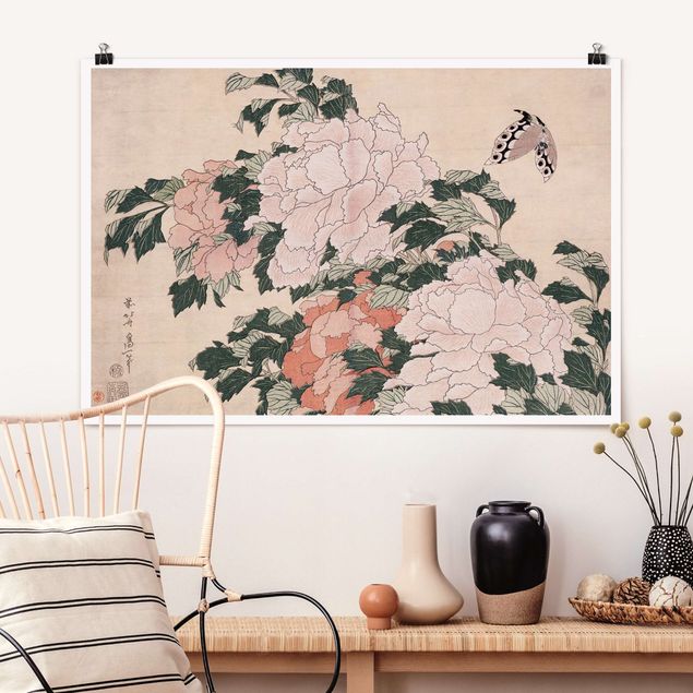 Stampe quadri famosi Katsushika Hokusai - Peonie rosa con farfalla