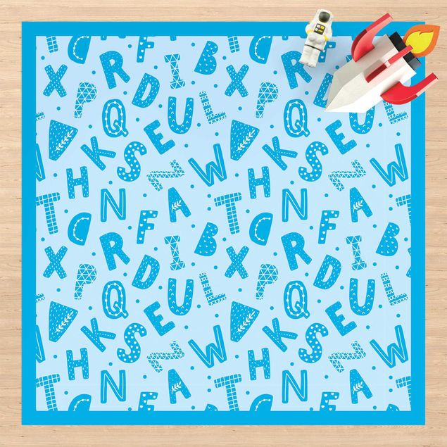 tappeti da esterno Alfabeto con cuori e puntini in blu con cornice
