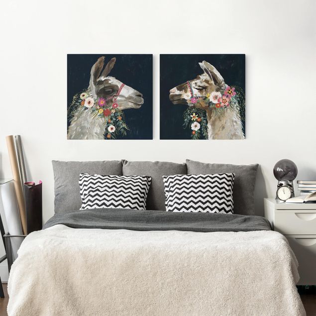 Quadri animali Lama con decorazioni floreali Set I