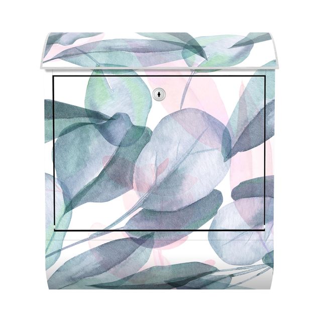 Cassette della posta blu Acquerello di foglie di eucalipto blu e rosa