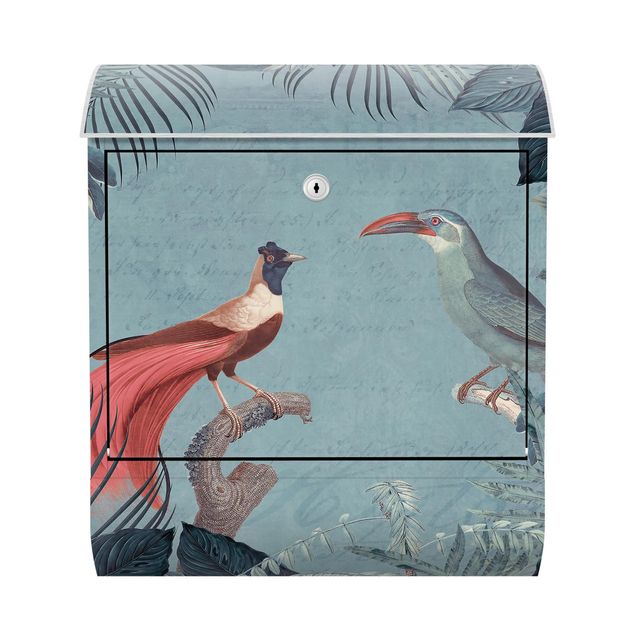Cassette della posta con fiori Paradiso grigio blu con uccelli tropicali