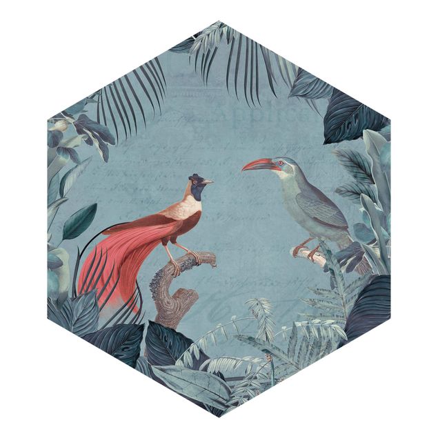 Carte da parati blu Paradiso grigio blu con uccelli tropicali