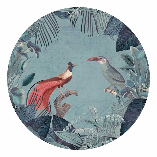 Carta da parati moderne Paradiso grigio blu con uccelli tropicali
