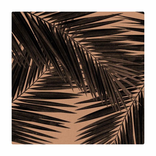 Tappetino di sughero - Scorcio tra foglie di palme in bianco e nero - Quadrato 1:1