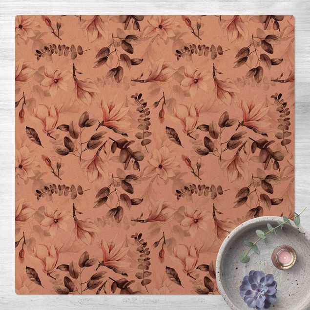 tappeto design moderno Fiori con foglie grigie di fronte al rosa