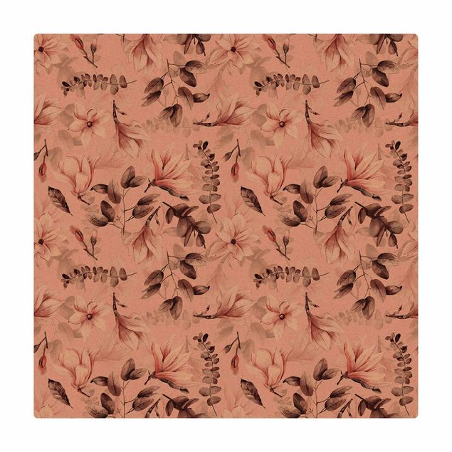 Tappetino di sughero - Fiori con foglie grige su sfondo rosa - Quadrato 1:1