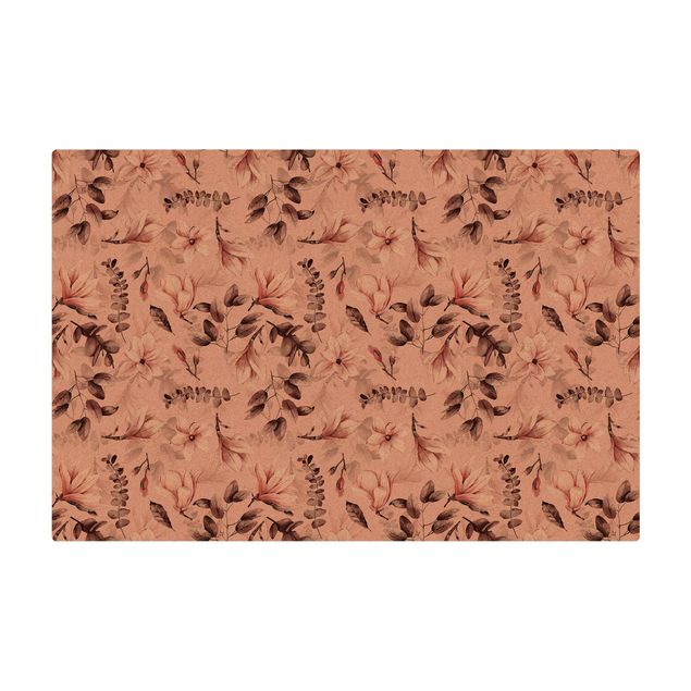 Tappetino di sughero - Fiori con foglie grige su sfondo rosa - Formato orizzontale 3:2
