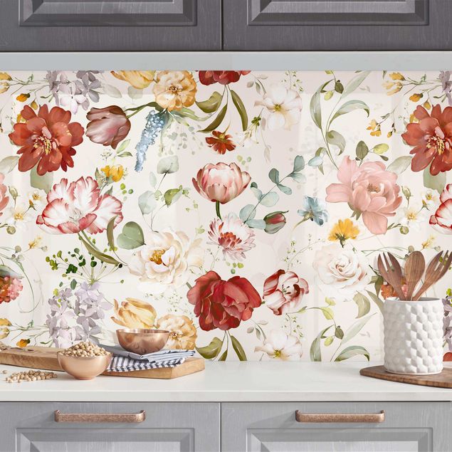 Rivestimenti per cucina con fiori Fiori acquerello su sfondo beige