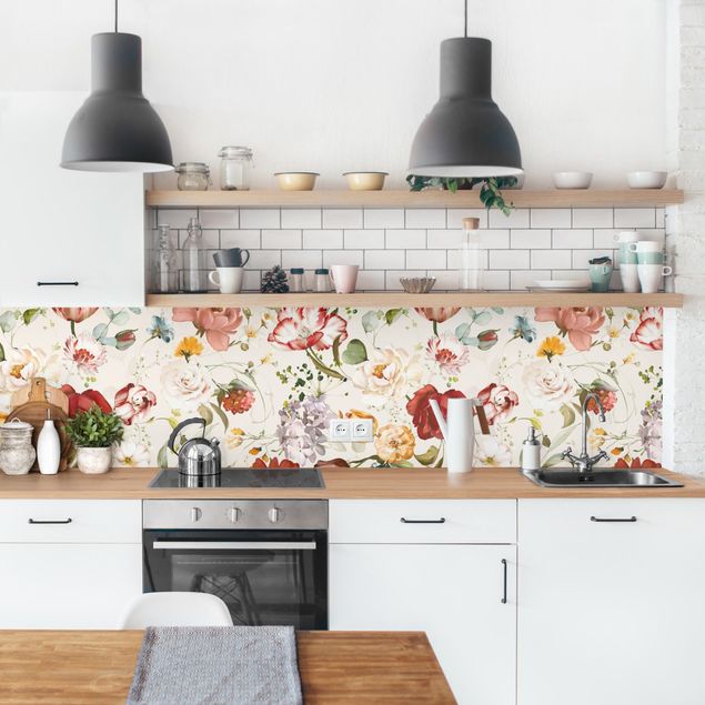 pannelli cucina Fiori acquerello su sfondo beige