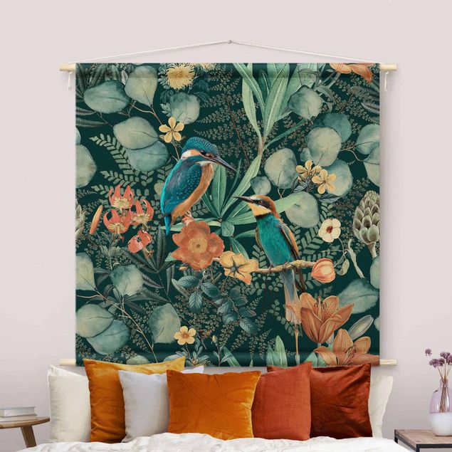 tappeto per muro Paradiso floreale con colibrì e martin pescatore